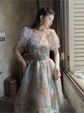 Advbridge French Vintage Floral Midi Dress Women Organza Elegant Casual Party Fairy Dress Casual Holiday Princess Dress Women Summer 2024
