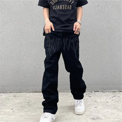 Advbridge  -  Y2K Korean Style Black Vintage Printing Jeans Men's Fashion Streetwear Embroidered Baggy Jeans  Street Casual Women Pants