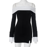 Advbridge Autumn Sexy Off Shoulder Mini Dress Fashion Patchwork Long Sleeve Slim Party Dresses Lady Elegant Backless Christmas Dress 2024