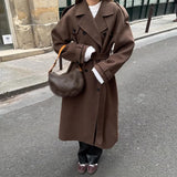 Advbridge Retro Casual Long Women's Coat Turndown Collar Long Sleeve Double Breasted Coats with Belt Fashion Vintage Loose Women Outerwear