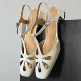 ADVBRIDGE  -  Women's cow leather hollow-out t-strap sandals 4cm thick med heel square toe elegant ladies summer pumps heeled shoes for woman