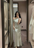 ADVBRIDGE  -  French Elegant Chic Women's Dresses Solid Satin Inclined Shoulder Pleated Slim Wasit Mermaid Dress Party Prom Female Clothes New