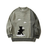 Advbridge Cat Embroidery Colorblock Knitted Sweater For Men Hip Hop Pullovers Sweater Streetwear Retro Cotton Loose Couple Sweater Autumn