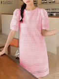 Advbridge Vintage Solid Color Dress 2025 Summer Short Puff Sleeve Mini Robe Korean Cotton Embroidery Vestidos Office Lady Lace Robe