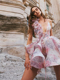 ADVBRIDGE  -  Stereo Flower Print Fuffy Dress Lace Up Slimming Strap Party Gown Pleated Skirt Hemline Halter Beach Suspender Dresses Women