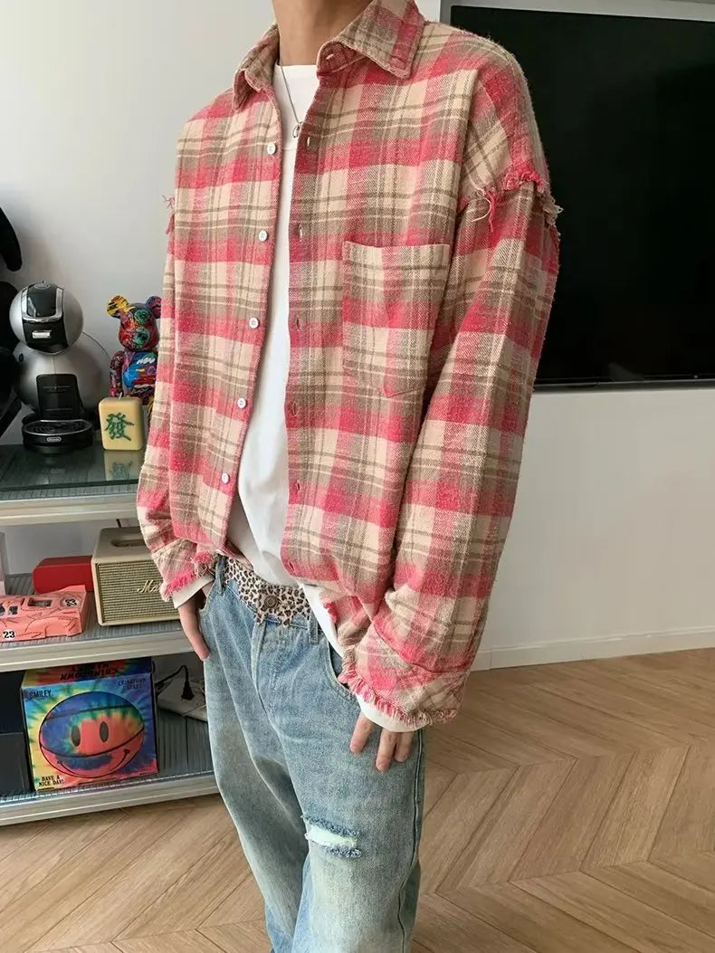 Advbridge Shirts Men Janpanese Style Loose Casual Daily Fashion Plaid Turn-down Collar All-match Popular High Quality Sunny Breathable New