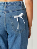 Advbridge Vintage Bow Straight Leg Jeans Women Loose Y2k Zipper Pockets High Waist Denim Trouser Female 2025 Spring Chic New Lady Outwears