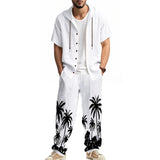 ADVBRIDGE  -  Daily Casual Loose Two Piece Suits Men Summer Fashion Pattern Print Outfits Mens Short Sleeve Hooded Shirts And Pants Loose Sets
