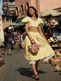 Advbridge  Gingham Printed Yellow Women Summer Dress Set Lace Top+skirt Sets Vintage French Style Midi Dress Oufits Plaid Vestidos