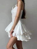 Advbridge Satin Mini White Dress Women Spaghetti Strap Ruffles Backless Pleated A-line Dresses 2024 Summer Banquet Evening Party Looks