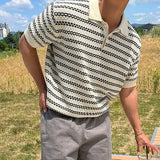 ADVBRIDGE  -  Summer Lapel Short Sleeved T-shirt Men Slim Fit Casual Striped T Shirt Men Streetwear Korean Knitted T Shirt Mens Polo Shirt