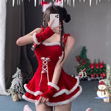 Advbridge Cute Christmas Cosplay Costume Bunny Santa Claus Uniform Women Red Plush Dress with Clock New Year Role Play Outfits Underwear