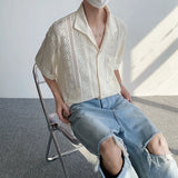 Advbridge Men's Fashionable Korean Style Hollow Out Turn-down Collar Trendy Single Breasted Short Sleeve 2024 Summer New Lace Top