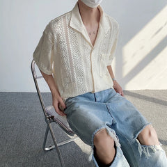 Advbridge Men's Fashionable Korean Style Hollow Out Turn-down Collar Trendy Single Breasted Short Sleeve 2024 Summer New Lace Top