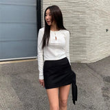 Advbridge Fashion All-match Long Sleeve Knitted Tops Women Y2k E-Girl O-neck Hollow Out Bow T-shirts 2025 Summer New Slim Fit Tee Shirt