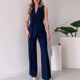 ADVBRIDGE  -  Office Lady Group Of Pants Set Elegant V Neck Sleeveless Blazer&Trousers Two Piece Outfits Summer Slim Lace-up Temperament Suit