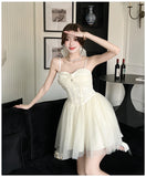 ADVBRIDGE  -  French Style Apricot Elegant Princess Dress Women Lace Strapless Sexy Mesh Mini Dresses Summer Sweet Kawaii Birthday Vestidos