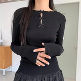 Advbridge Fashion All-match Long Sleeve Knitted Tops Women Y2k E-Girl O-neck Hollow Out Bow T-shirts 2025 Summer New Slim Fit Tee Shirt