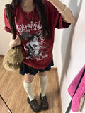Advbridge Kawaii Cat Printed Red T-shirts Women Harajuku Oversized Punk Style Tops Cute Graphic Short Sleeve Tees Cotton Casual