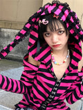 Advbridge Striped Print Goth Grunge Hoodie Pink Black Gothic Style Bunny Ears Hoodies Female Fairy Harajuku Kawaii Slim Hoodied Egirl Top