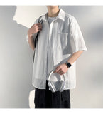 ADVBRIDGE  -  Men's Vertical Stripe Lapel Textured Loose-Fit Short Sleeve Shirt Casual Breathable Top Comfortable Wear, Trendy Summer Style