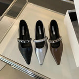 Advbridge  -  Pointed Toe Shoes Women 2024  Spring Fashion Shallow Buckle Ladies Elegant Flat Heel Single Shoe Metal Chain Mary Jane Mujer