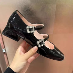 Advbridge Bling Double Crystal Square Buckle Straps Block Heel Pumps Mary Jane Black Beige Square toe Woman Lolita High Heels Woman