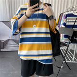 Advbridge Summer Loose Casual Oversized Men's Clothing Hong Kong Breeze Striped Printed Short Sleeve Round Neck Trend All-match T-shirt