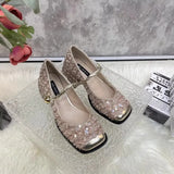 Advbridge 2024 Spring and Autumn Chunky Heel Square Head Single Shoe Sequin Small Fragrant Wind Womens Shoes Shallow Mouth Mary Jane Shoes