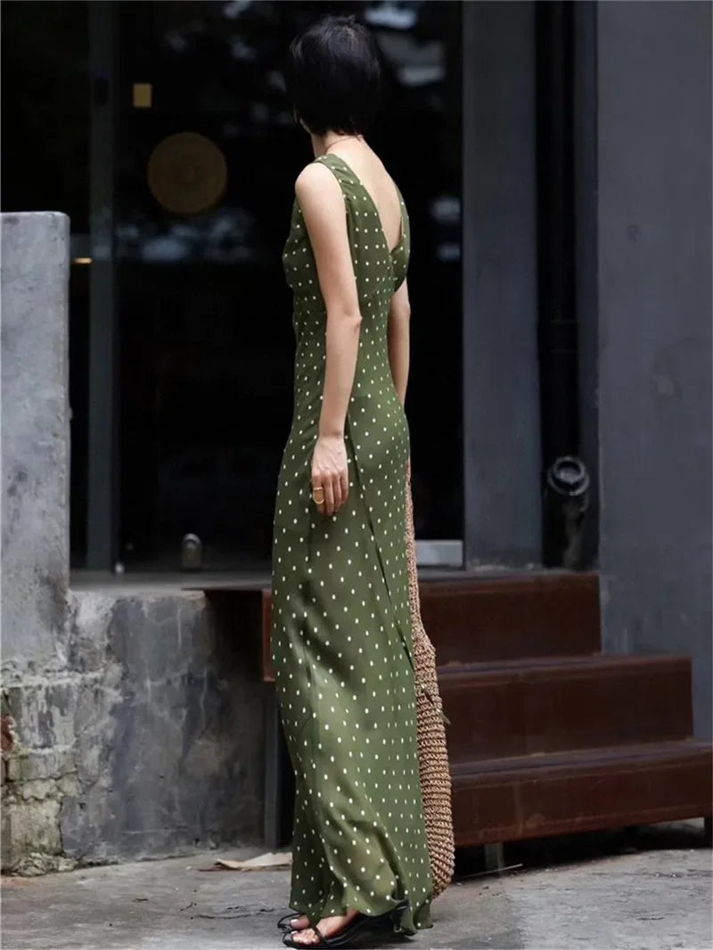 ADVBRIDGE  -  Summer Fashion Green Polka Dot Dress Women French Retro Elegant Slim Long Womens Dresses V-neck Sleeveless Silk Vestido
