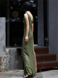 ADVBRIDGE  -  Summer Fashion Green Polka Dot Dress Women French Retro Elegant Slim Long Womens Dresses V-neck Sleeveless Silk Vestido