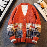 Advbridge Japanese Retro Patchwork Diamond Grid V-neck Cardigan Sweater for Men Loose and Stylish Casual Knitwear Jacket