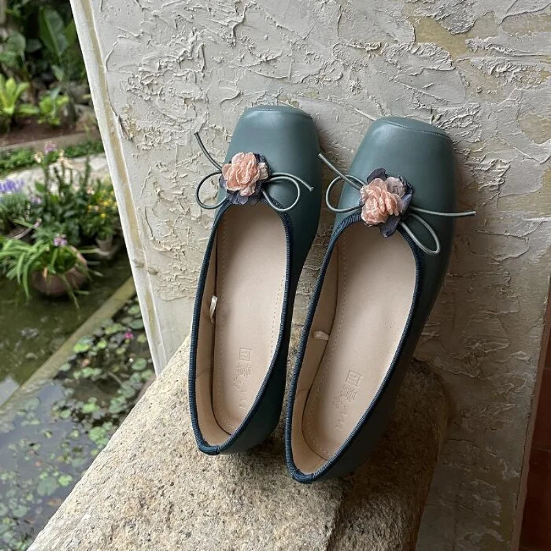 Advbridge Classic Ballet Shoes Silk Ribbon Lace Up Ballet Shoes Women Square Toe Narcissus Flower Elegant Valentine Flats Pink Green