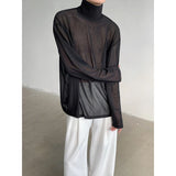 Advbridge Sexy Perspective High-neck Long Sleeve T Shirt Men Women Net Yarn Bottoming Shirt Spring Summer Transparent Black Tee Shirts