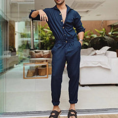 Advbridge Fashion Men Jumpsuits Solid Color Lapel Long Sleeve Casual Cargo Clothes Overalls Male Rompers Streetwear Girdle Waist Siamese