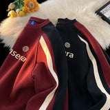Advbridge Men‘s Wintern outfits Hip Hop Loose Fit Men's Sweatshirt Burgundy Patchwork Couple's Outfit 2024 Fall New Hipster Biker Style Sweatshirt Advbridge Men‘s Wintern outfits