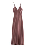ADVBRIDGE  -  Satin Sexy Solid Suspender Midi Dress Women Summer New V Neck Sleeveless Long Dresses Vintage Fashion Elegant A-line Vestidos
