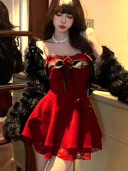 ADVBRIDGE  -  Y2K Sweet Floral Mini Dress for Women Elegant Strapless Slash Neck Lace Patchwork Princess Party Dresses French Short Vestidos