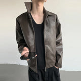 Advbridge Men's Casual Texture PU Leather Jacket High Street Zippers Turn-down Collar Long Sleeve Retro Popular Coat  Autumn Clothing