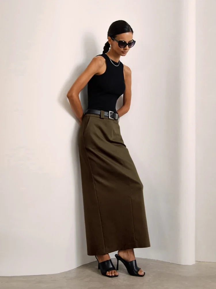 Advbridge Solid Split Long Skirts For Women Clothing High Waist Faldones Para Mujer Pockets Jupe Longue Femme Office Lady Outfits Autumn