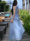 Advbridge Elegant Blue Skirt Suits Korean Halter Off Shoulder Slim Waist Top + Loose Casual Skirt Womens Two Pieces Set Female Clothing