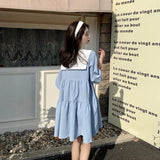 Advbridge Vintage Pleated Lacing Loose Mini Dress Summer New Half Sleeve Solid Color Sweet Casual Dresses Fashion Korean Women Clothing