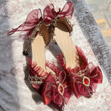 Advbridge Retro Court Romantic Style Cosplay Lolita Elegant Girl Red Satin Gem Lace Bow Gorgeous 8cm Flower Wedding High Heeled Shoes