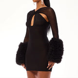 ADVBRIDGE  -  Women's Mesh Cross Hollow Long Sleeved Plush Cuffs Tight Sexy See-through Wrapped Hip Short Dresses Party Nightclub Outfit