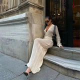 ADVBRIDGE  -  Solid Colour Sexy Knit Cut Out Holiday Beach Casual Long Dresses Women's 2025 Summer Sexy V-Neck Long Sleeve Bodycon Maxi Dress