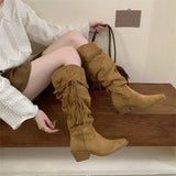 ADVBRIDGE  -  Western Style Fashion Hemp Tassel Knee High Boots Women Winter Street Pointed Toe Cowboy Boots Low Thick Heels Long Shoes
