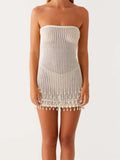 ADVBRIDGE  -  Sexy White Knit Mini Dress Strapless High Waist Summer Party Dresses See Through Tassels Elegant Slim Vestido Holiday Robe