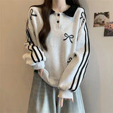 Advbridge Oversized Preppy Style Polo-Neck Sweatshirts Female Spring Autumn New Striped Bow Top Tee Coat Women's Casual Patchwork T-Shirts
