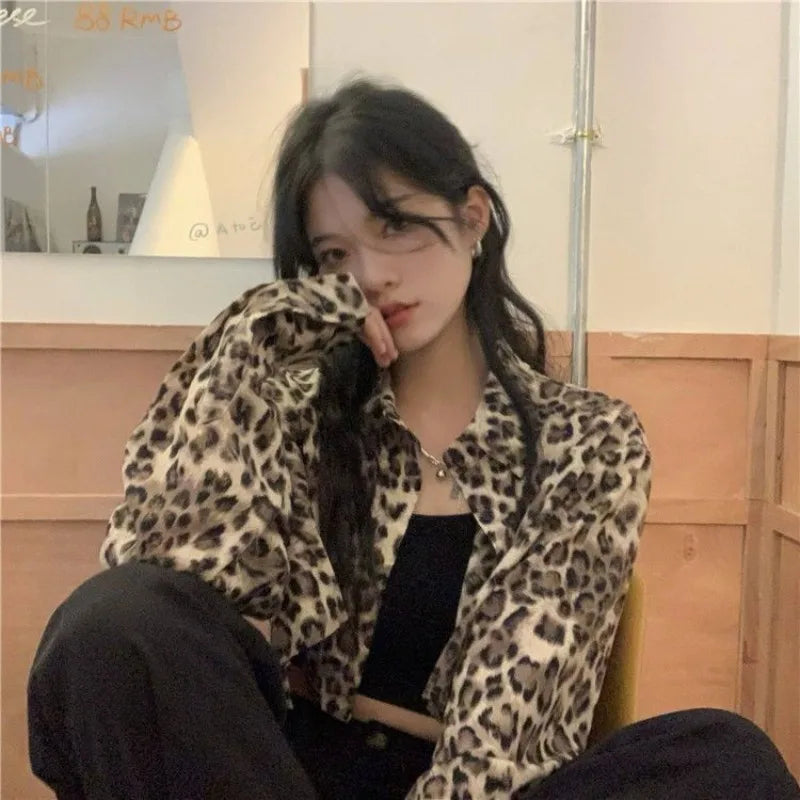 Advbridge Leopard Print Cropped Shirt Woman Y2k Vintage Long Sleeve Blouse Korean Harajuku Fashion Cardigan Spring Gothic Streetwear
