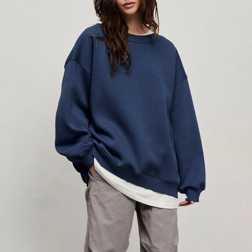 Advbridge Fashionable Round Neck Loose Sweatshirt for Women Autumn and Winter Solid Color Oversize Polar Fleece Pullover Sweatshirt